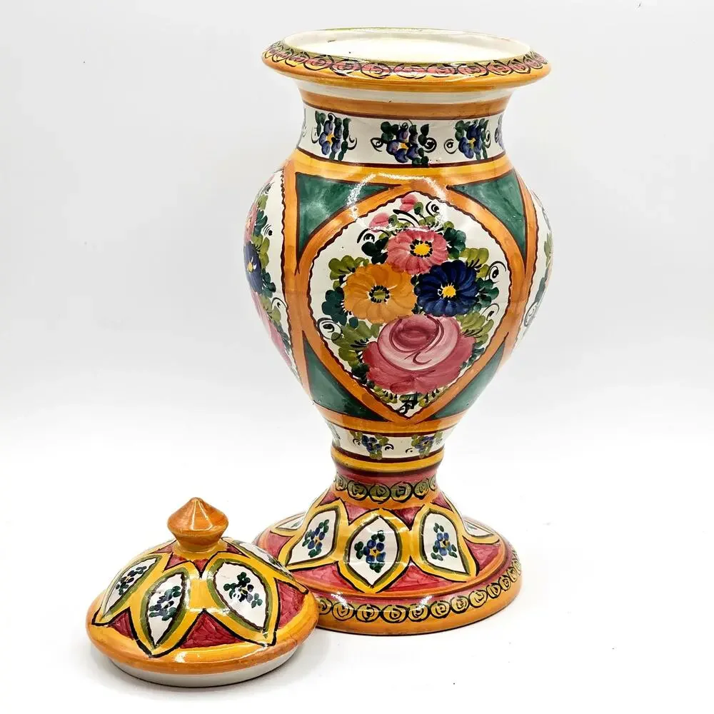 Peruvian Majolica Floral Lidded Urn Vase Hand Painted FCA Pottery 11